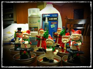 Ornaments have been sprayed down and glued down. 