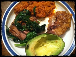 Leftovers: Roast with spinach, Chicken Thigh, Cauli Rice, 1/2 avocado (ended up being less after kids took bites)