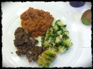 Ground beef, YUMMO Spanish FAUX Rice, Broccoli stir fry