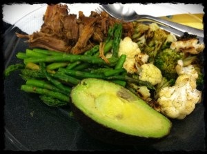 1/10/13 Lunch of Pulled Pork, Roasted Cauliflower and Broccoli, Asparagus and Avocado
