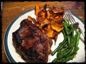 1/14/13 Dinner: 12oz Steak of which I only ate half, Sweet Potato Chips (cooked in Ghee) and Asparagus with Olive Oil Drizzle