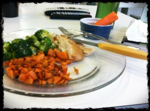 1/14/13 Lunch: Roast Chicken, Broccoli, Sweet Potatoes and Carrot with Sunflower Butter