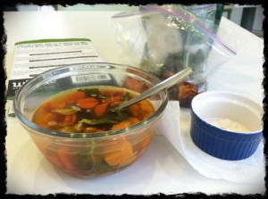 1/17/13 Lunch - Chicken Soup with Kale, Carrots, Sweet Potatoes and Chicken. See my ramekin full of coconut flakes! 