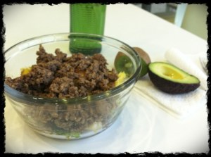 1/18/13 Lunch - Ground beef, Sauteed Broccoli, Roasted Cauliflower, 1/2 Avocado and a Kiwi
