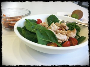 1/24/13 Lunch - Sauteed Chicken, tomatoes adn spinach, with sweet potato chips and kiwi.