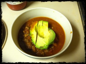 Not the best pic, Chili with sweet potato, avocado on top. YUM!