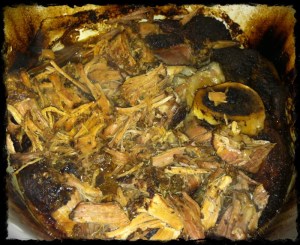 In the CrockPot, don't mind the "burned" sides, I'm sure it's fine, but I didn't have time to scrub it down. Pulled apart so easily!