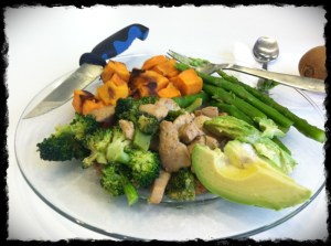 See, still eating well! Chicken & broccoli, asparagus, sweet potato, avocado and kiwi!