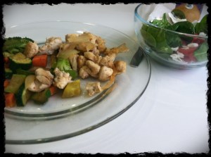2/11/13 Lunch – Sauteed Chicken, Mixed Veggies, Spinach, Cherry Tomatoes and Coconut Flakes