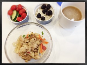 Day 4 Lunch. Leftover Asian Five Spice Chicken with Matchstick Salad. Cucumbers, Cherry Tomatoes, Blackberries, Coconut Flakes, Bone Broth. I seriously am addicted to BONE BROTH now. It's soooo yummy!