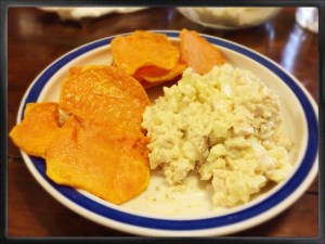 Paleo Chicken Salad and Sweet Potato Chips. Not a pretty pic but yummy!